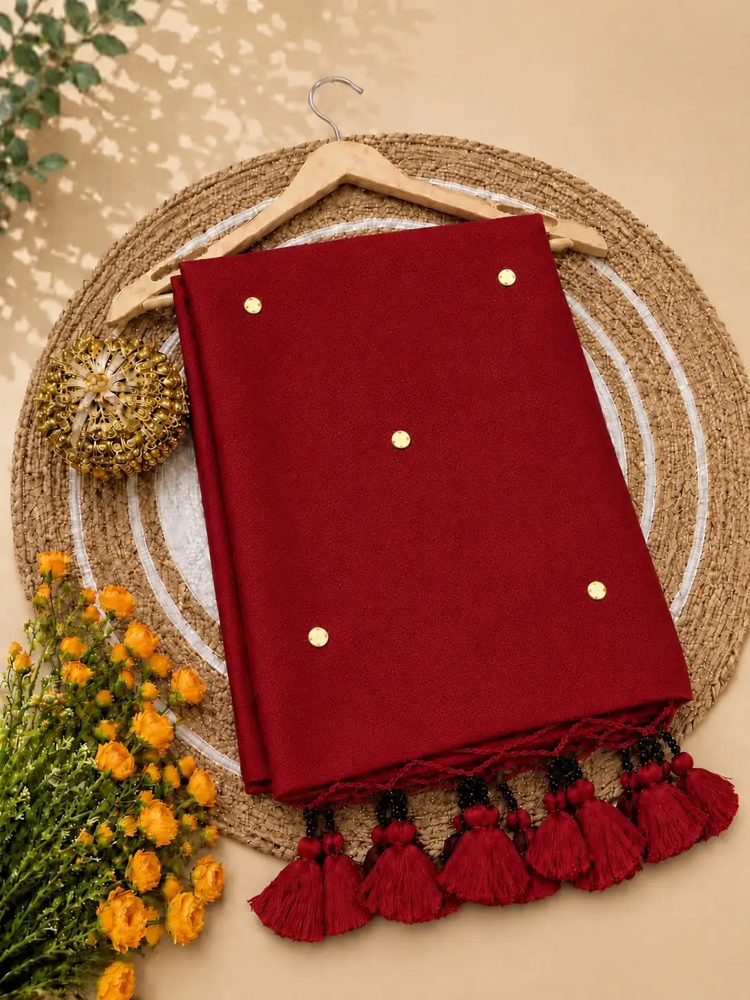 Plain Gini Work Tassel Khadhi Cotton Saree